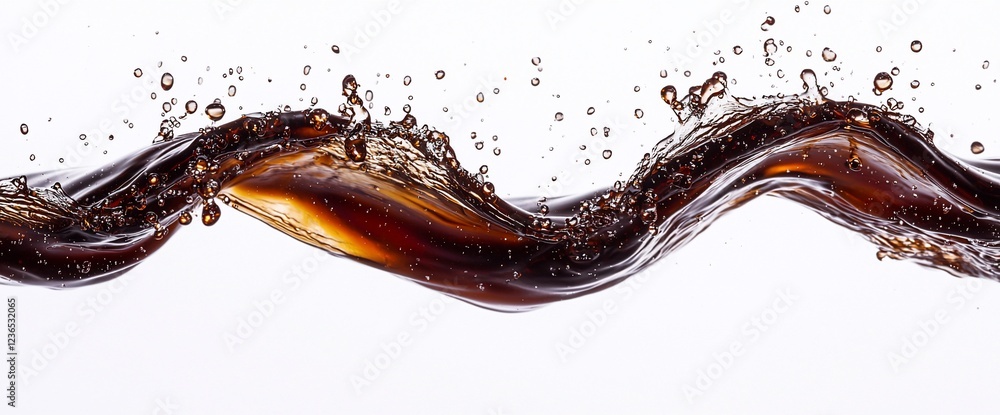 Aufkleber dark brown liquid flowing in a wave, splashing and creating bubbles against a white background.