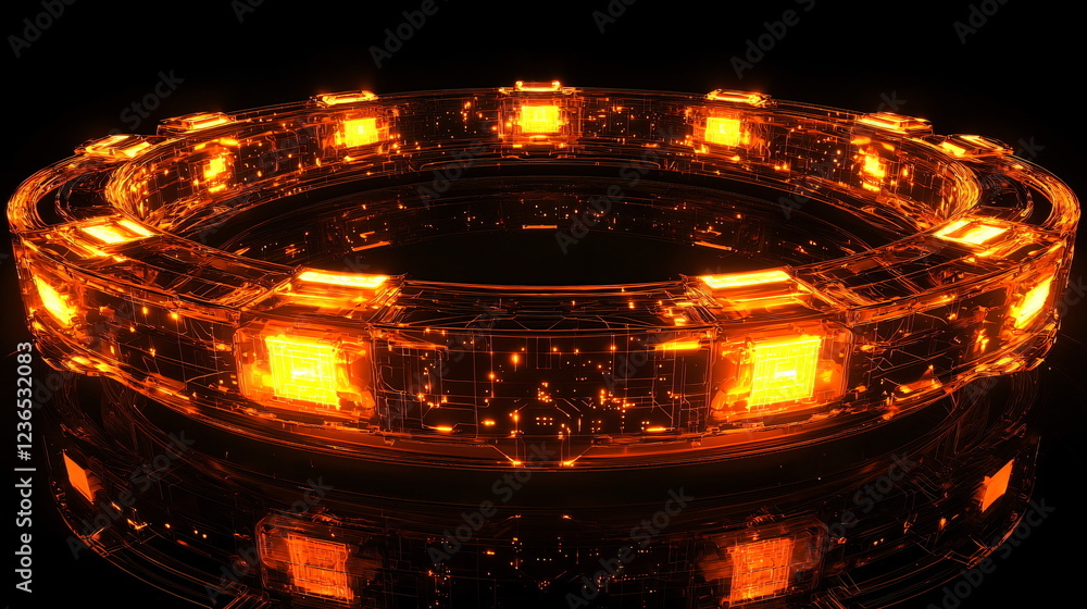 Poster glowing circular structure with illuminated segments against a dark background creating a futuristic