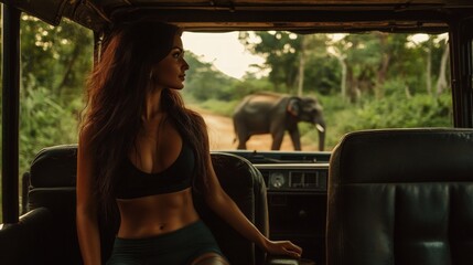 Woman on safari observing wild elephants in a lush jungle. Captivating travel photography capturing adventure, wildlife, and natural beauty.