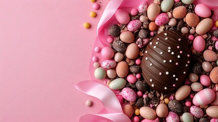 Fototapeta premium A chocolate Easter egg resting on a bed of colorful candy, surrounded by delicate sugar flowers and pastel ribbons.
