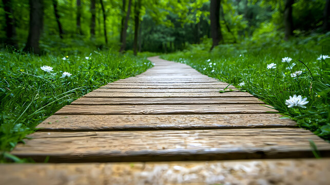 Wooden path through lush green forest; tranquil nature scene, perfect for travel blogs