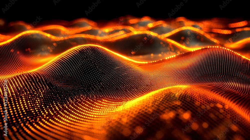 Poster vibrant orange waves glowing with illuminated dots creating a mesmerizing flowing landscape reminisc