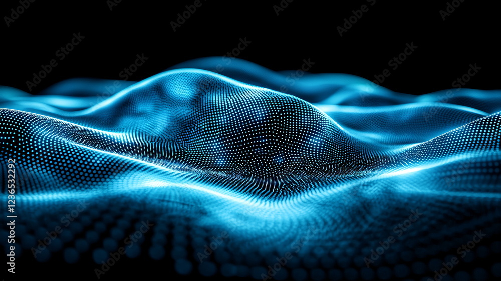 Poster glowing abstract landscape with flowing waves and vibrant dots on a dark background, creating a mesm