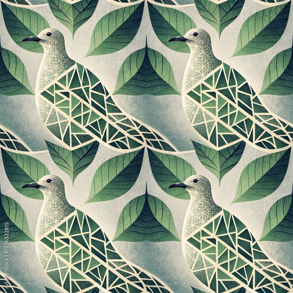Poster geometric dove pattern: a seamless repeat pattern featuring stylized doves and leaves in a geometric