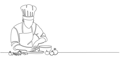 One line continuous design of chef with hat. Cooking art design, serving food. Minimalist style vector illustration on transparent background.