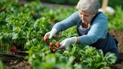 Woman is planting strawberries plants in her garden Agriculture work senior lifestyle concept
