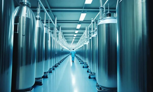 Modern Industrial Facility Interior Rows of Large Stainless Steel Tanks Under Blue Lighting