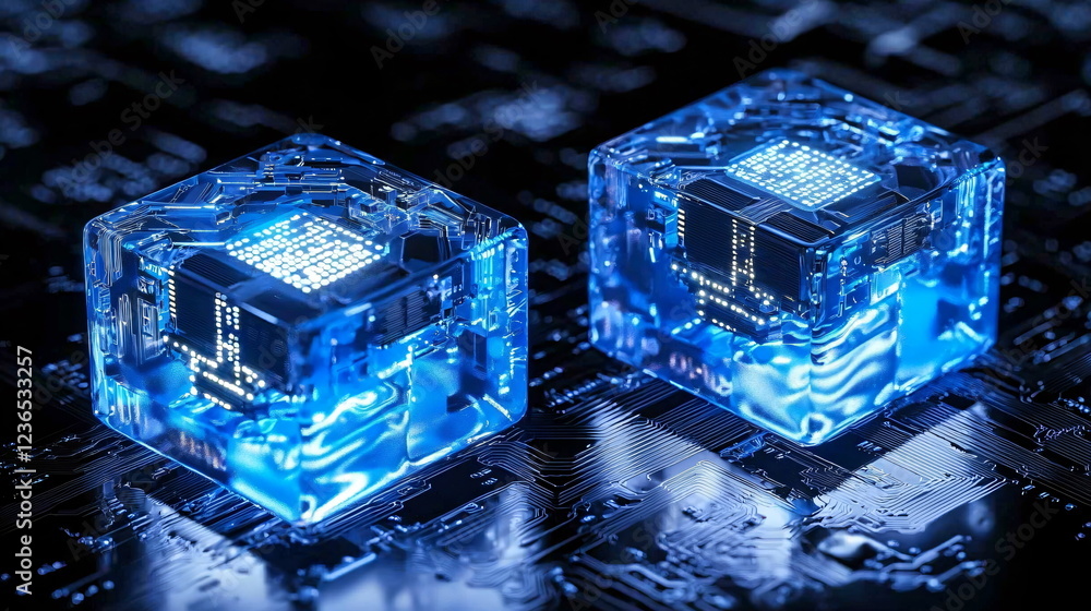 Aufkleber glowing blue cubes featuring intricate circuitry design illuminated with vibrant lights set against 