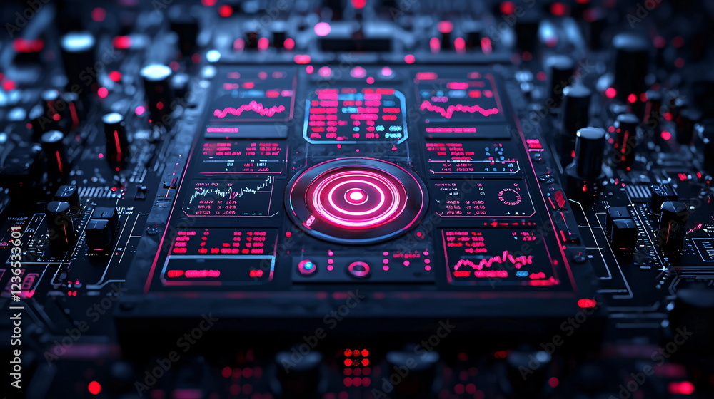 Poster high-tech circuit board with glowing red elements, intricate details, digital interfaces, and a futu