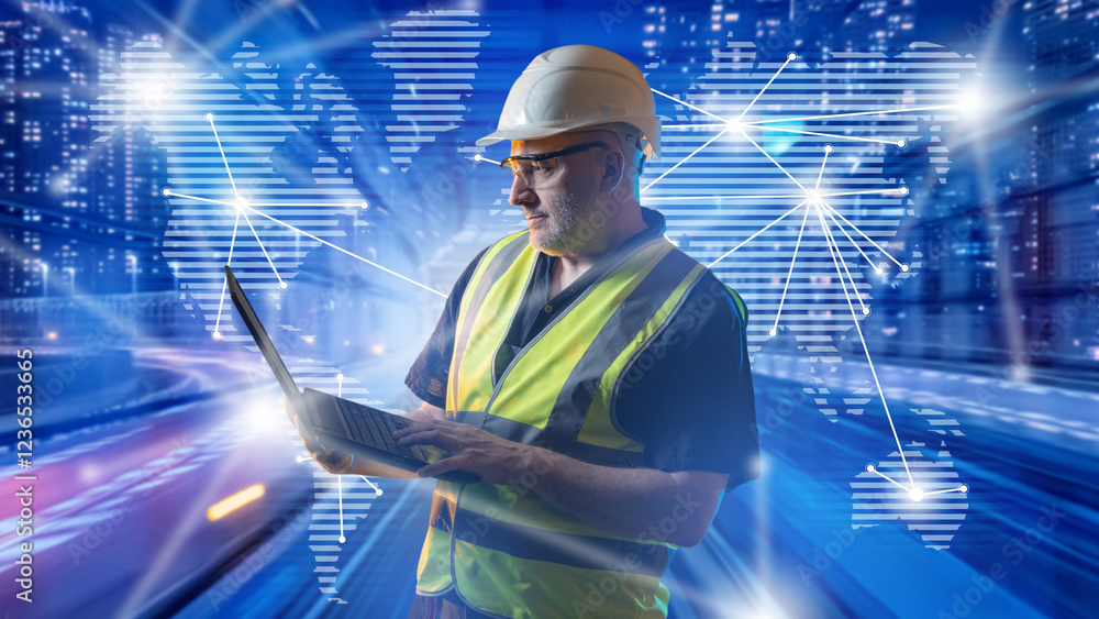 Poster man is logistician. world map behind engineer with laptop. logistician thinks through international 