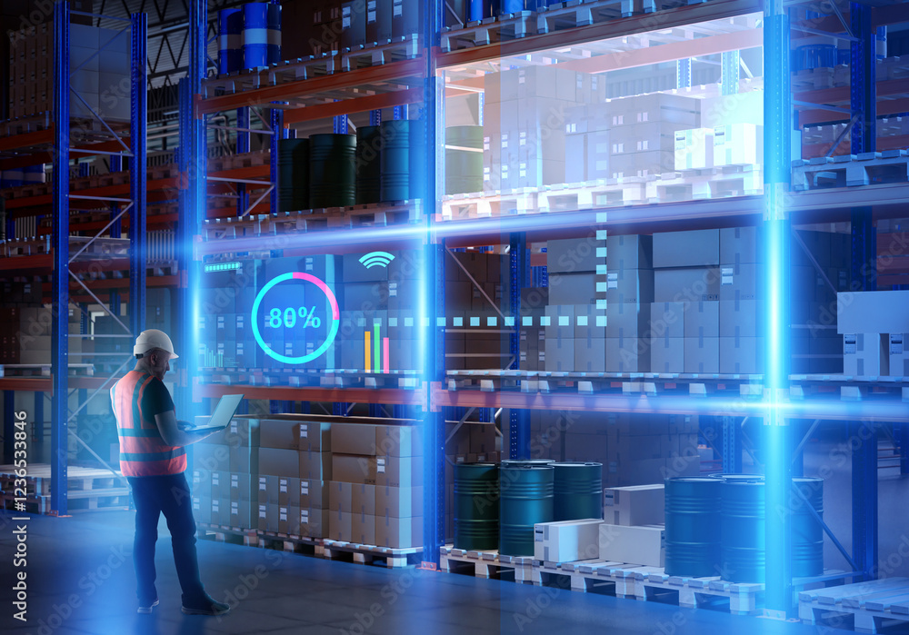 Aufkleber man runs high-tech warehouse. manager with laptop near racks of boxes. worker stands in fulfillment 