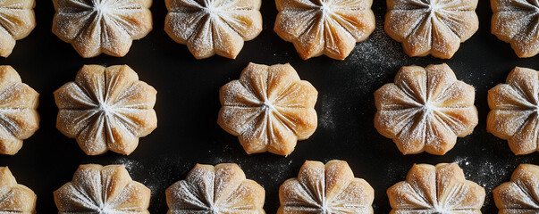 Powdered sugar flower-shaped cookies on black background