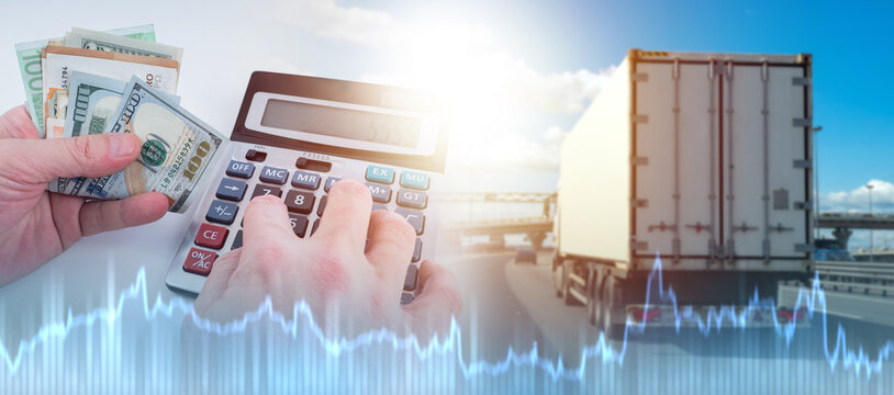 Logistics business income. Truck driving along road. Transportation of goods. Calculators money for logistics services. Graph of price fluctuations for delivery of goods. Income from truck business