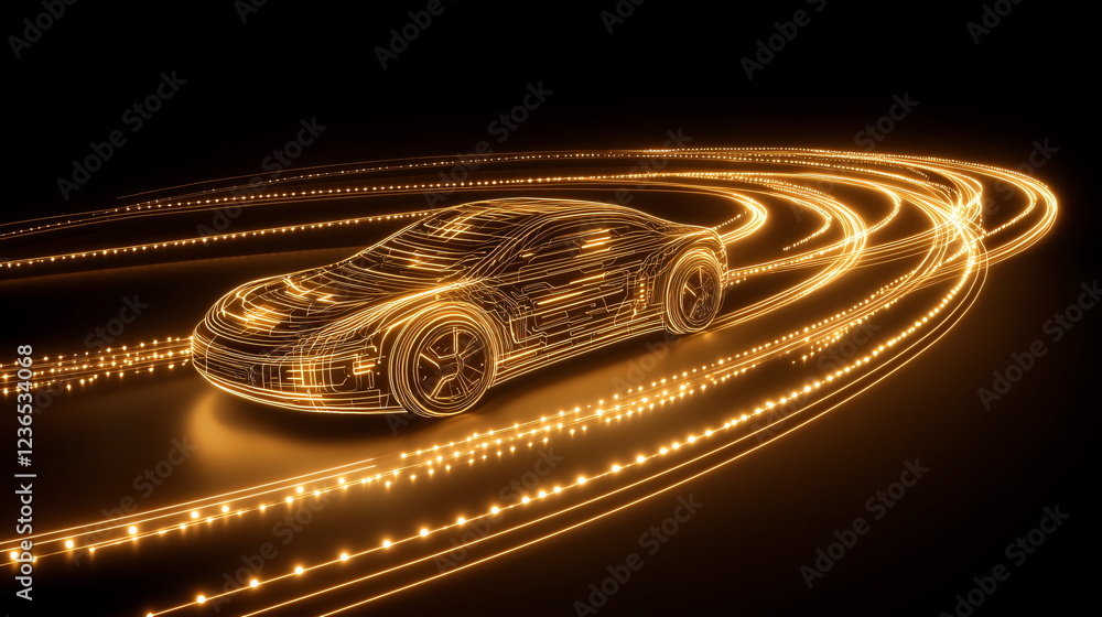 Poster futuristic car with glowing lines creating a dynamic motion effect against a dark background, illust