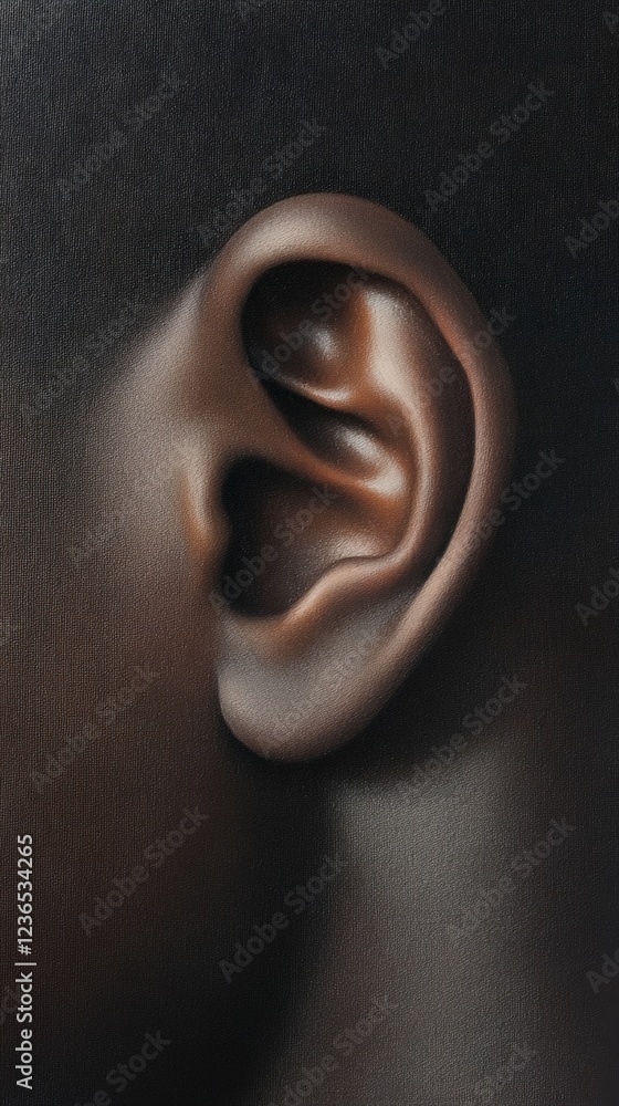 Poster close up of a human ear emphasizing the intricate details of its structure, suggesting the concept o