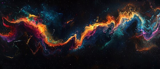 Abstract colorful waves in space, ideal for an ultrawide 21:9 OLED display wallpaper with vibrant dark background colors.