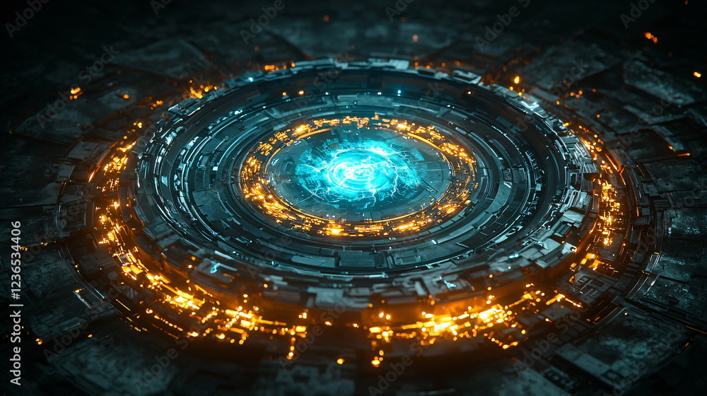 Poster futuristic circular design with glowing elements, intricate patterns, and dark background, perfect f