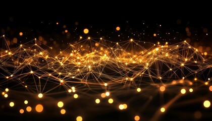 Obraz premium Golden Web of Light Points and Lines, Vector Image on Darkest Background. Artistic 3d Illustration