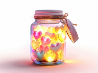 Charming pastel jar filled with glowing hearts, emitting warm and magical light, isolated on a white background