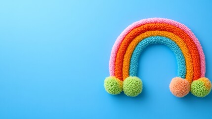 Pom pom rainbow on a blue background Pattern Copy space