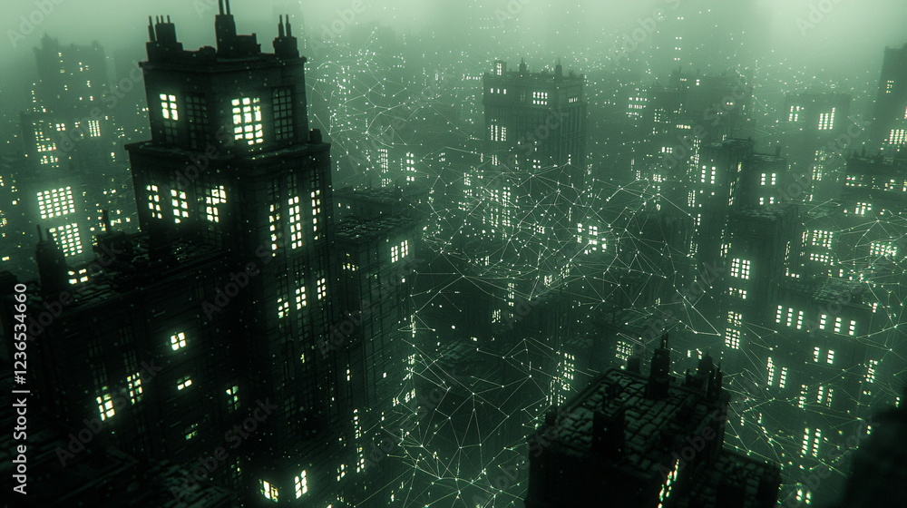 Aufkleber dense cityscape illuminated by green lights with interconnected structures and futuristic atmosphere