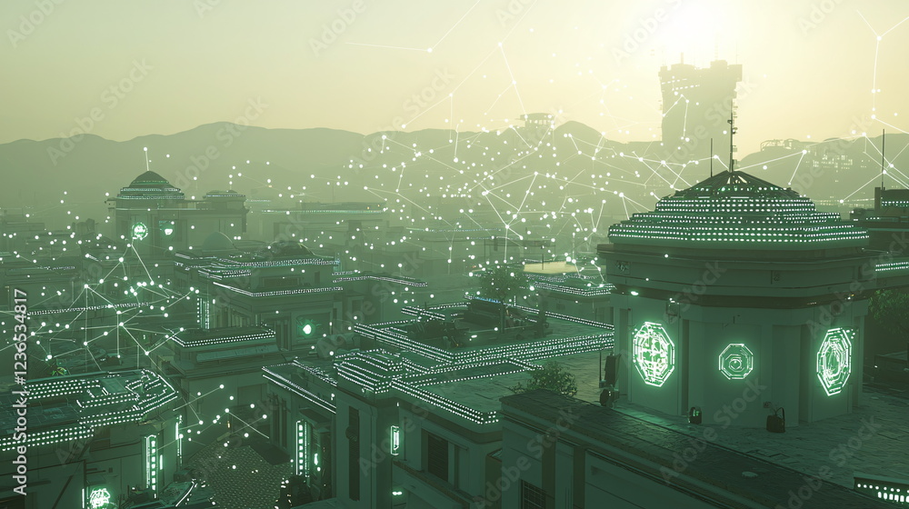 Aufkleber futuristic cityscape bathed in warm sunlight featuring intricate digital patterns and connections ac