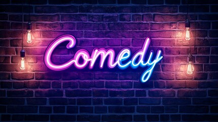 Bright, vibrant neon comedy sign glowing against a rustic brick wall, illuminated by warm edison bulbs, creating a lively and entertaining atmosphere
