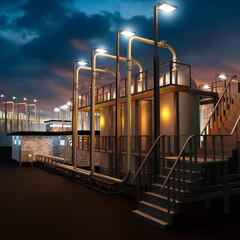 Industrial factory at night. Factory under evening sky. Manufactory exterior with gas storage...