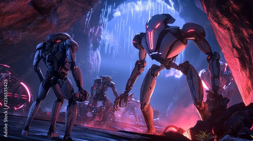 Poster futuristic robots gather in a cave with blue lights and red fog illuminating the scene