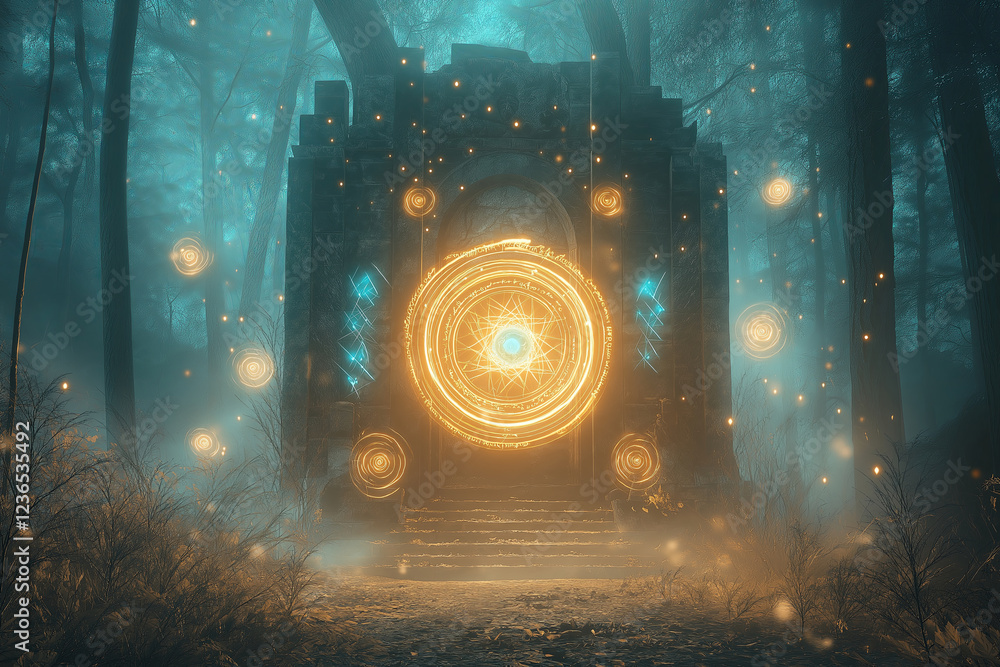 Poster a mystical portal glowing in an enchanted forest, mysterious symbols surrounding it