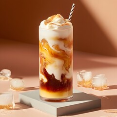 A trendy dirty soda—a creamy, fizzy drink made with soda, flavored syrups, and a splash of milk or cream—served over ice in a modern and refreshing presentation.