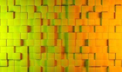 Bright background. Geometric backdrop. Background of green and orange cubes. Texture of identical blocks. Volumetric wallpaper. Geometric pattern. Multi-colored background. 3d image.
