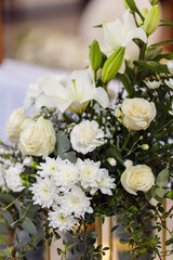 Decoration with white flowers in basket, holy sacraments, Christianity, first holy communion, wedding