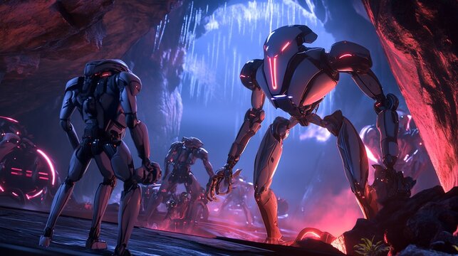 Futuristic robots gather in a cave with blue lights and red fog illuminating the scene