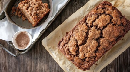 Fototapeta premium A scrumptious cinnamon cake sits on a rustic wooden tray, embodying the warmth of home baking with a cozy touch of seasonal flavors and inviting aromas.