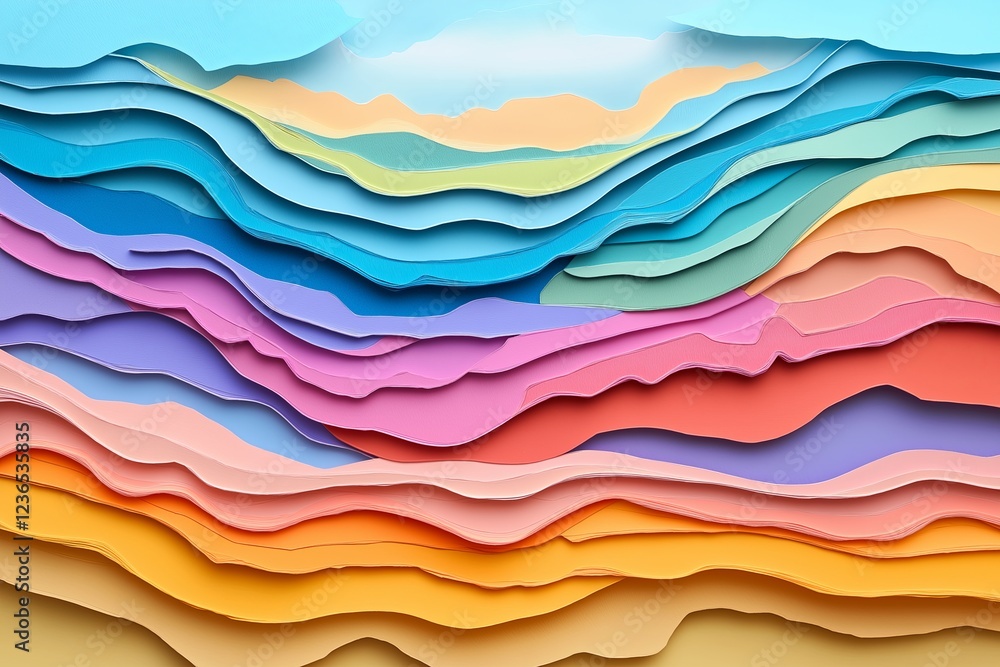 Poster a paper cut-out landscape, crafted with multiple layers of colorful paper textures