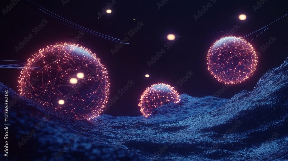 Aufkleber glowing interconnected spheres hovering above a dark textured surface in space like universe