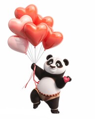 Adorable cartoon-style panda holding a bunch of heart-shaped balloons, floating gently in the air, isolated on a white background