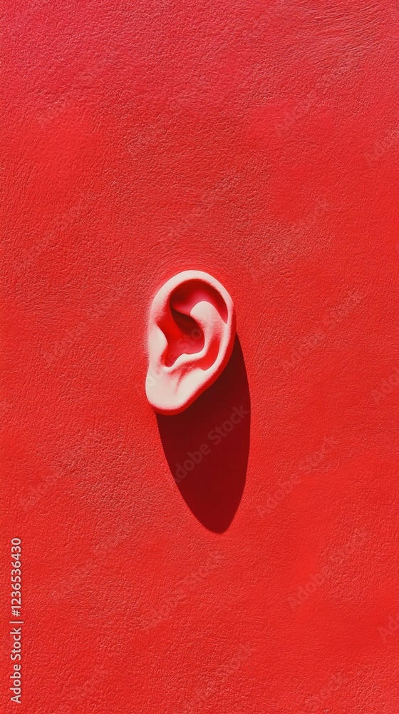 Poster anatomical model of an ear casting a distinct shadow on a vibrant red background, creating a strikin