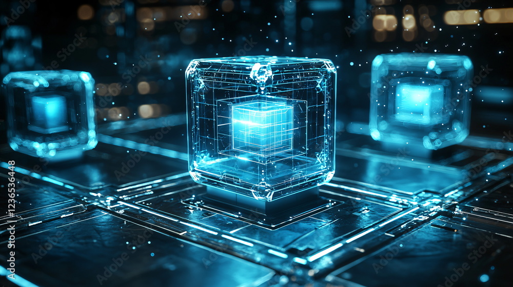 Poster glowing blue cubes with transparent backgrounds floating above a digital grid, illuminated by scatte