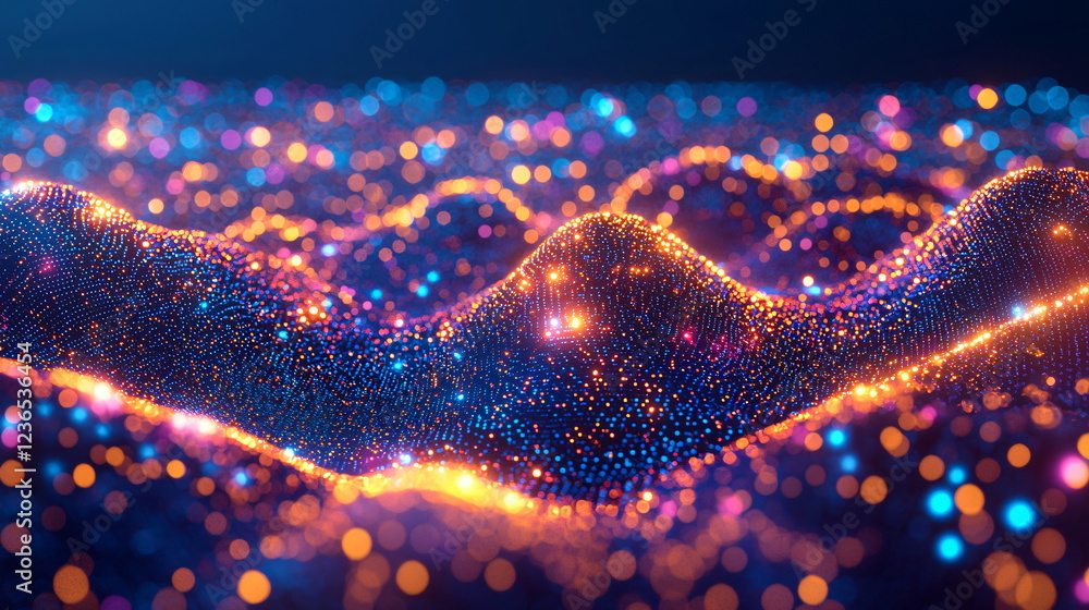 Aufkleber colorful particles creating a wavy landscape illuminated by soft glowing lights, representing an abs