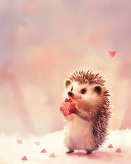 Sweet cartoon-style hedgehog holding a tiny heart gift box, standing on a soft pastel background