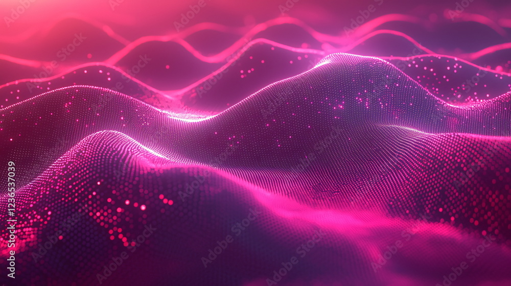 Poster digital landscape with flowing waves in vibrant pink tones and glowing particles creating an abstrac