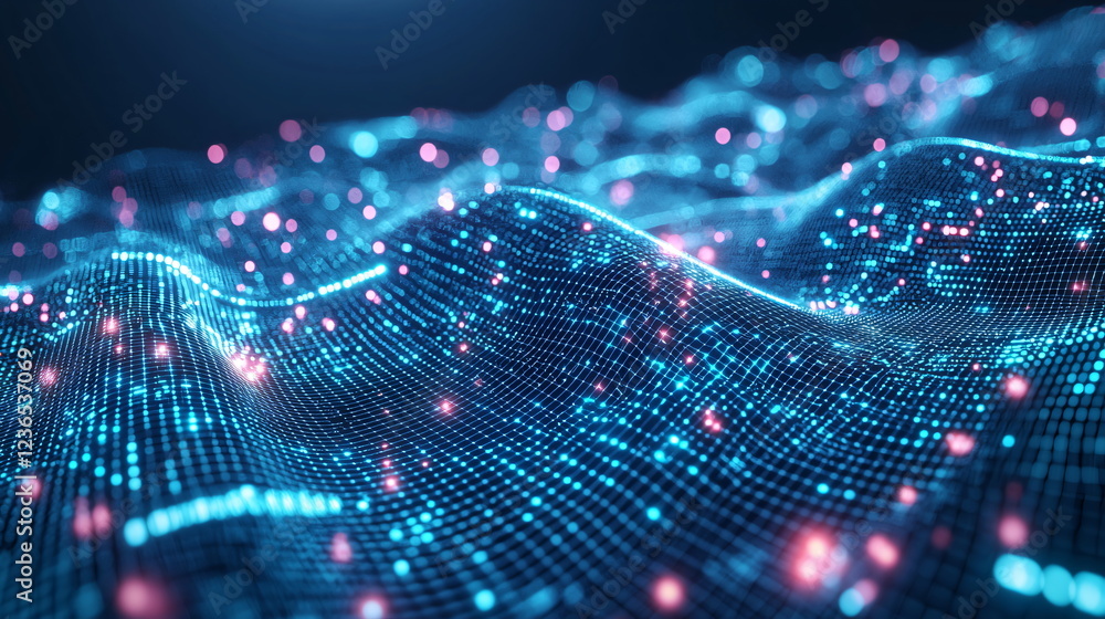 Poster digital landscape with glowing blue and pink particles, resembling a wave-like structure that convey