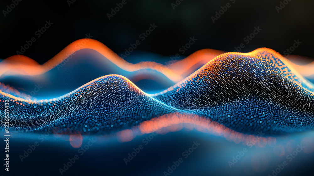Poster vibrant abstract waves with glowing particles undulating against a blurred dark background, creating