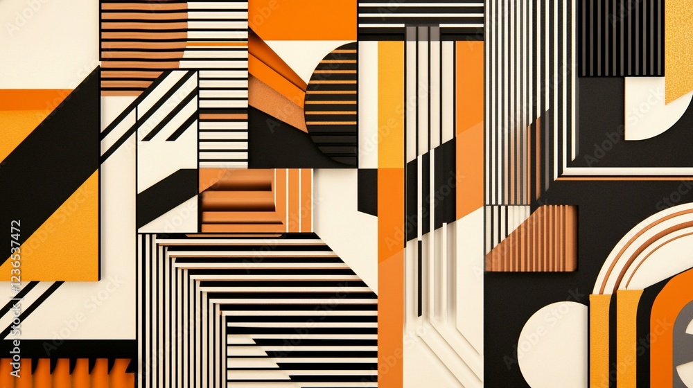 Poster geometric abstract background with layered elements in orange, black, white colors and striped patte