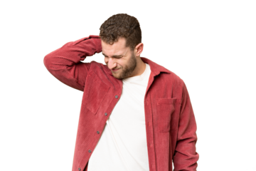 Young handsome blonde man over isolated chroma key background with neckache