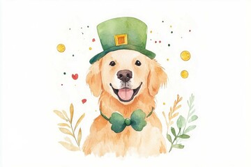 Happy golden retriever wearing a green leprechaun hat, surrounded by festive elements, ideal for St Patrick s Day celebrations and joyful pet moments