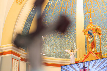 Interior detail in Catholic church, altar in church