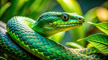 Large-eyed Pit Viper or Trimeresurus macrops, beautiful green snake coiling resting on tree branch with green background , Thailand. 